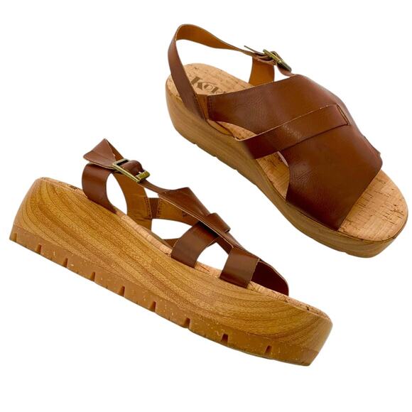 Korks Fallon Brown Faux Leather Wedge Heel Platform Slingback Sandals Size 8 - Picture 1 of 9
